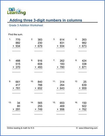 Adding Three 3 Digit Numbers in a Column Worksheet Year 3.
